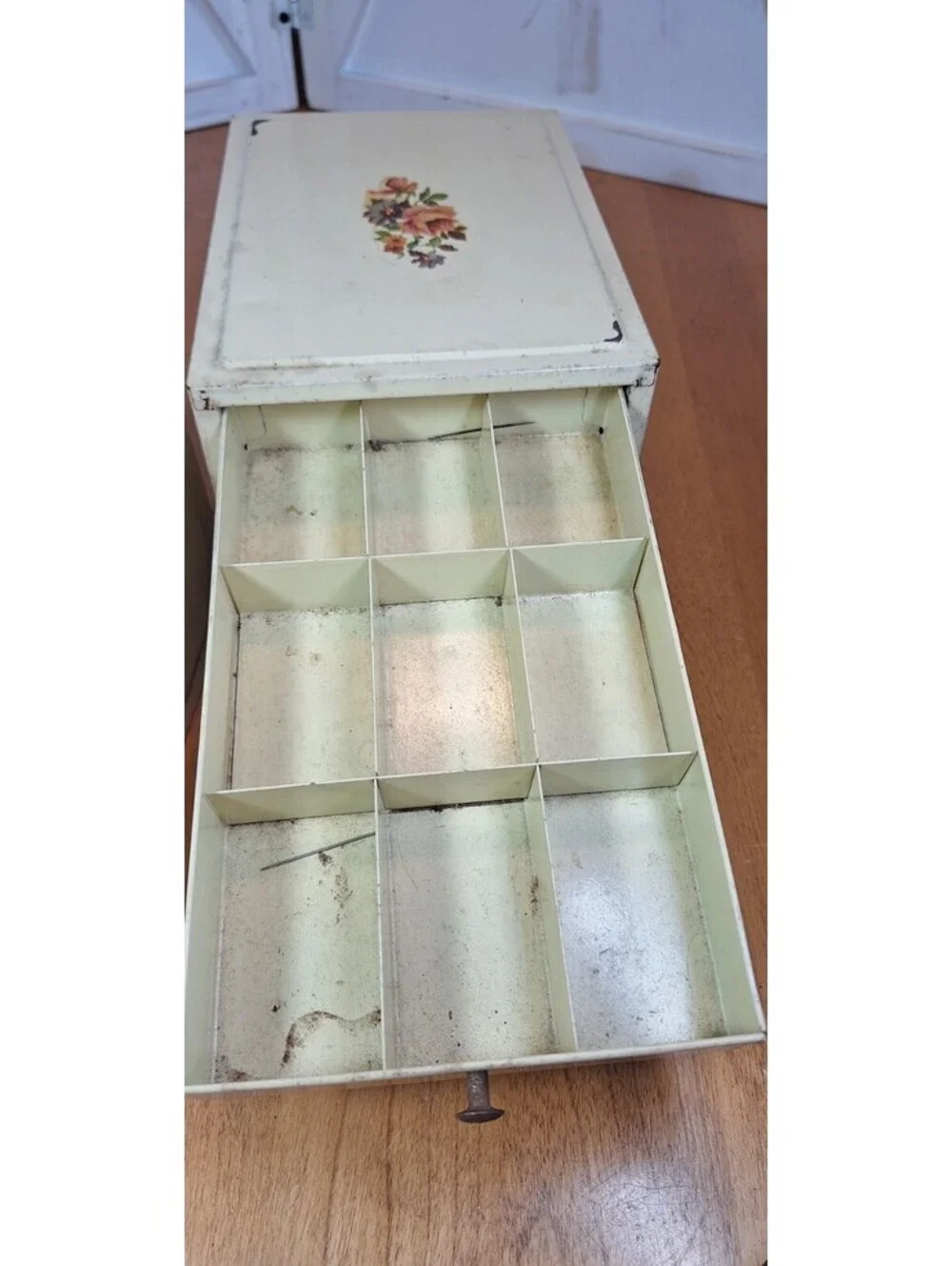 2 VTG Metal 3 Drawer Jewelry/Craft Storage Caddies w/Floral Motif S Brass Knobs.